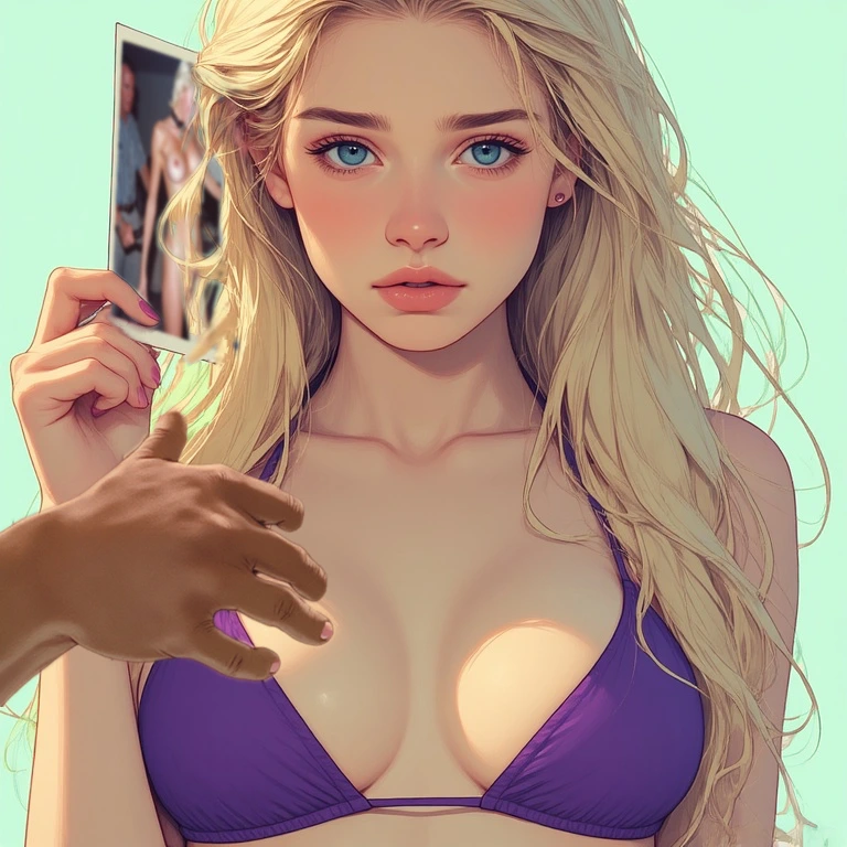 Robin, embarrassed, holding a picture of her sister in a BDSM scene